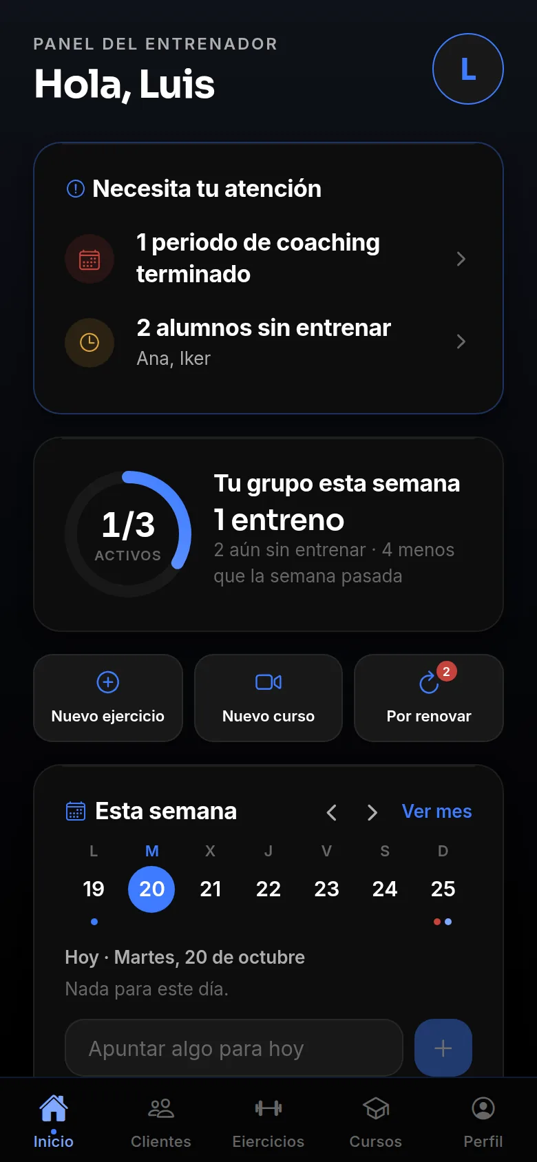 Panel del entrenador en CALICO